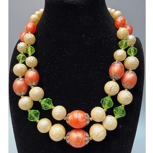 Vintage 3 Strand Beaded Necklace "15 Sugared Faux Pearl Coral Green Chic 60s